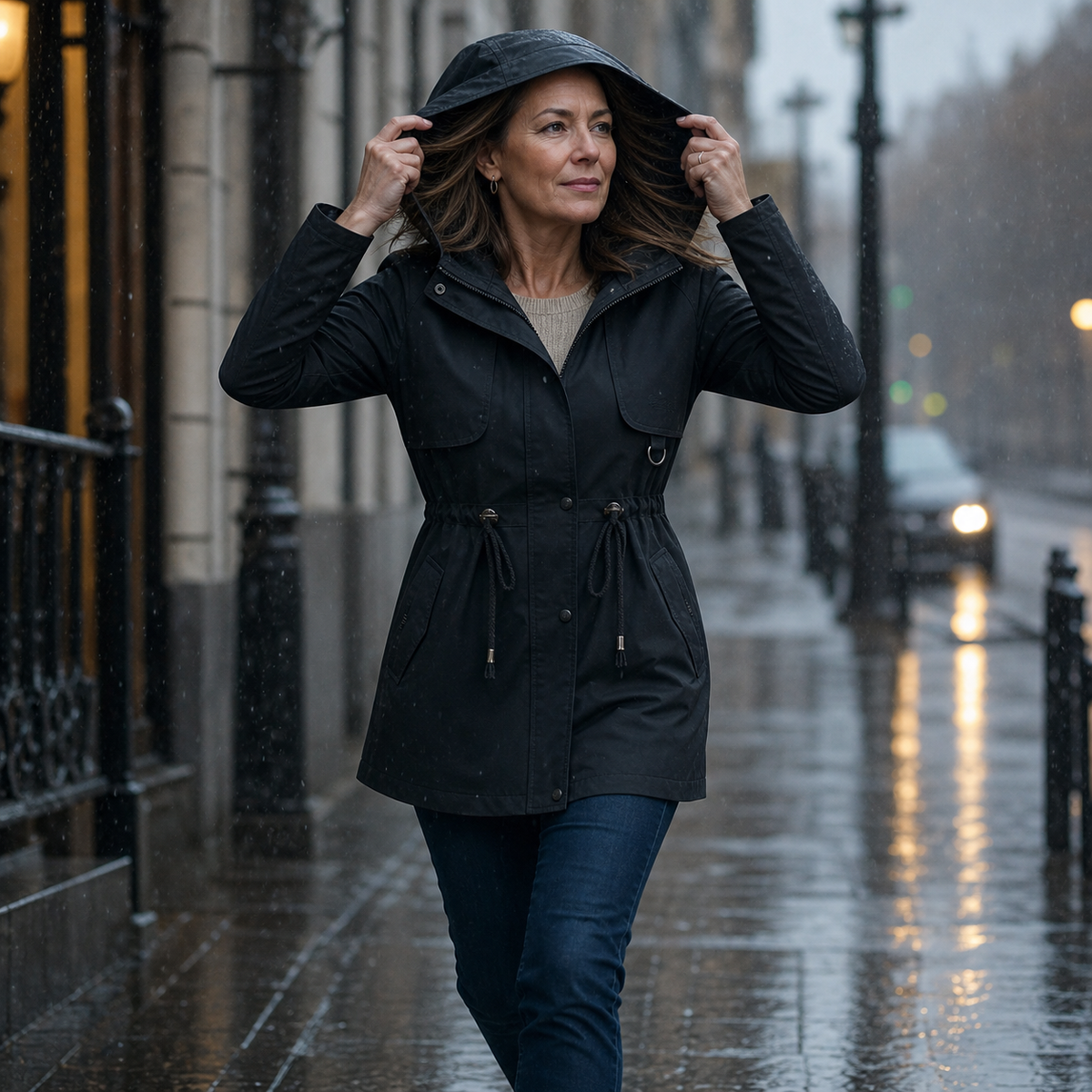 Black hooded jacket worn with the hood raised in rainy weather, showing the cinched waist and covered front closure.