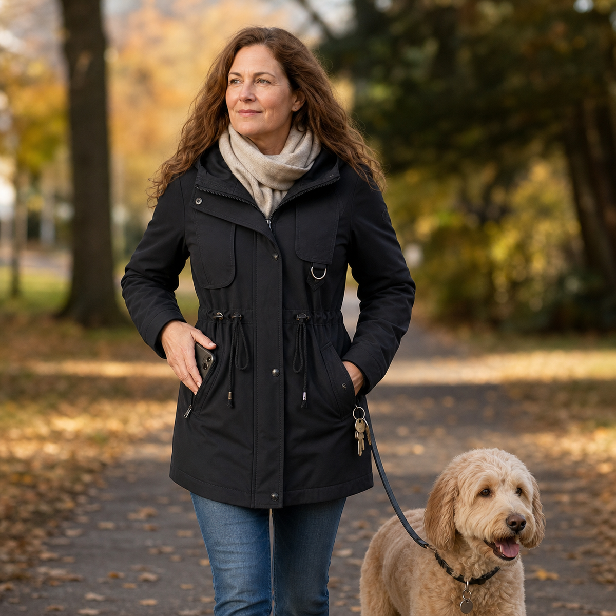 Black hooded jacket worn in a park with a scarf, featuring adjustable waist cords, chest flap pockets, and front utility pockets.