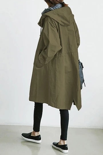 Olive hooded longline coat shown from the back, highlighting the hood, long straight cut, side pockets, and rear hem split.
