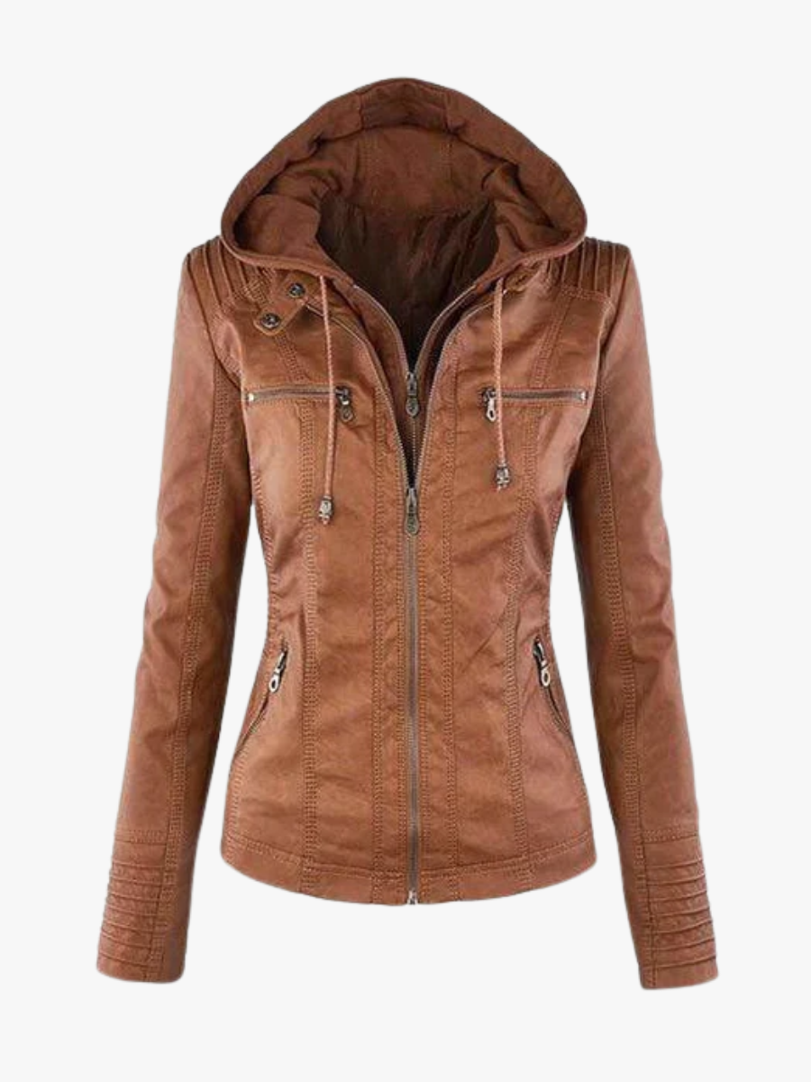 Brown hooded moto jacket with a fitted shape, front zip fastening, stitched detailing, and multiple zipped pockets.