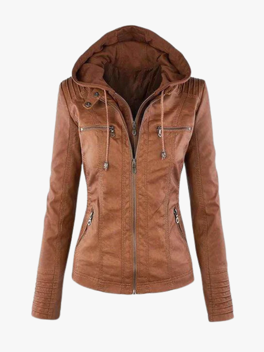 Brown hooded moto jacket with a fitted shape, front zip fastening, stitched detailing, and multiple zipped pockets.
