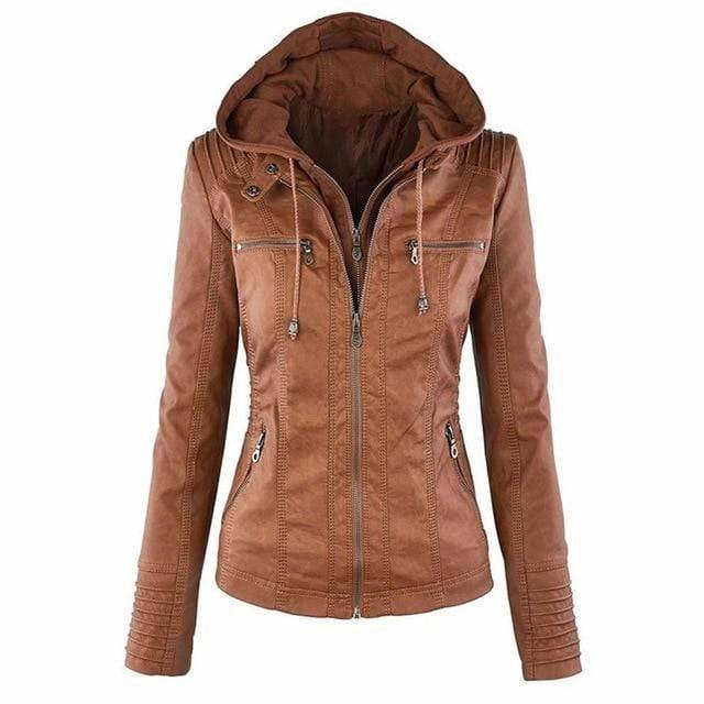 Warm tan hooded moto jacket shown from the front with zip chest pockets, angled lower pockets, and ruched sleeve cuffs.