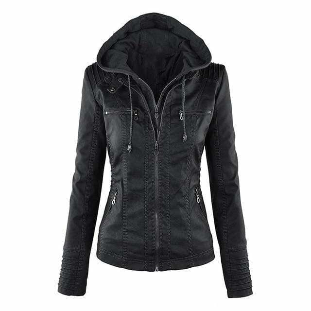 Black fitted hooded moto jacket featuring contrasting stitched panel details, drawcords, and four visible zipped pockets.