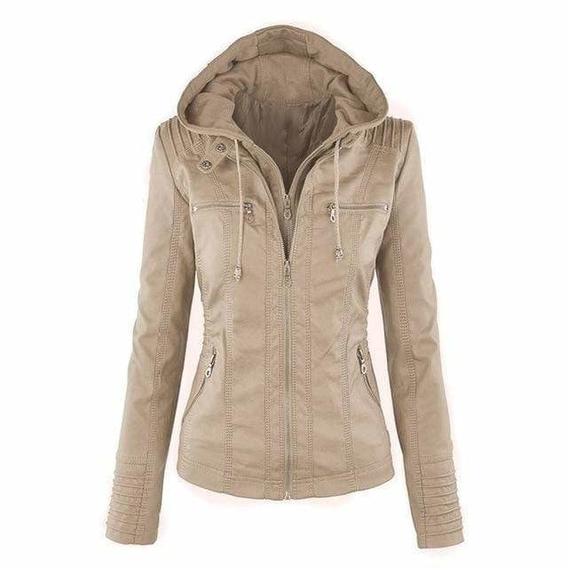 Light beige hooded moto jacket with a central front zip, fitted waist, vertical stitched panels, and zipped pockets.