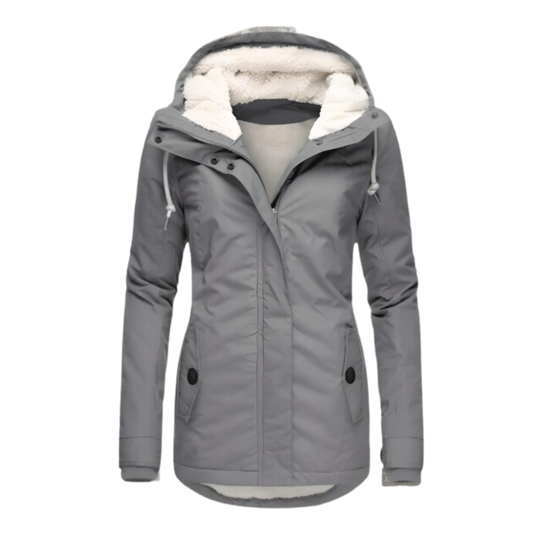 Gray hip-length hooded parka with plush-lined hood and body, front zip fastening, drawcord hood, and two side pockets.