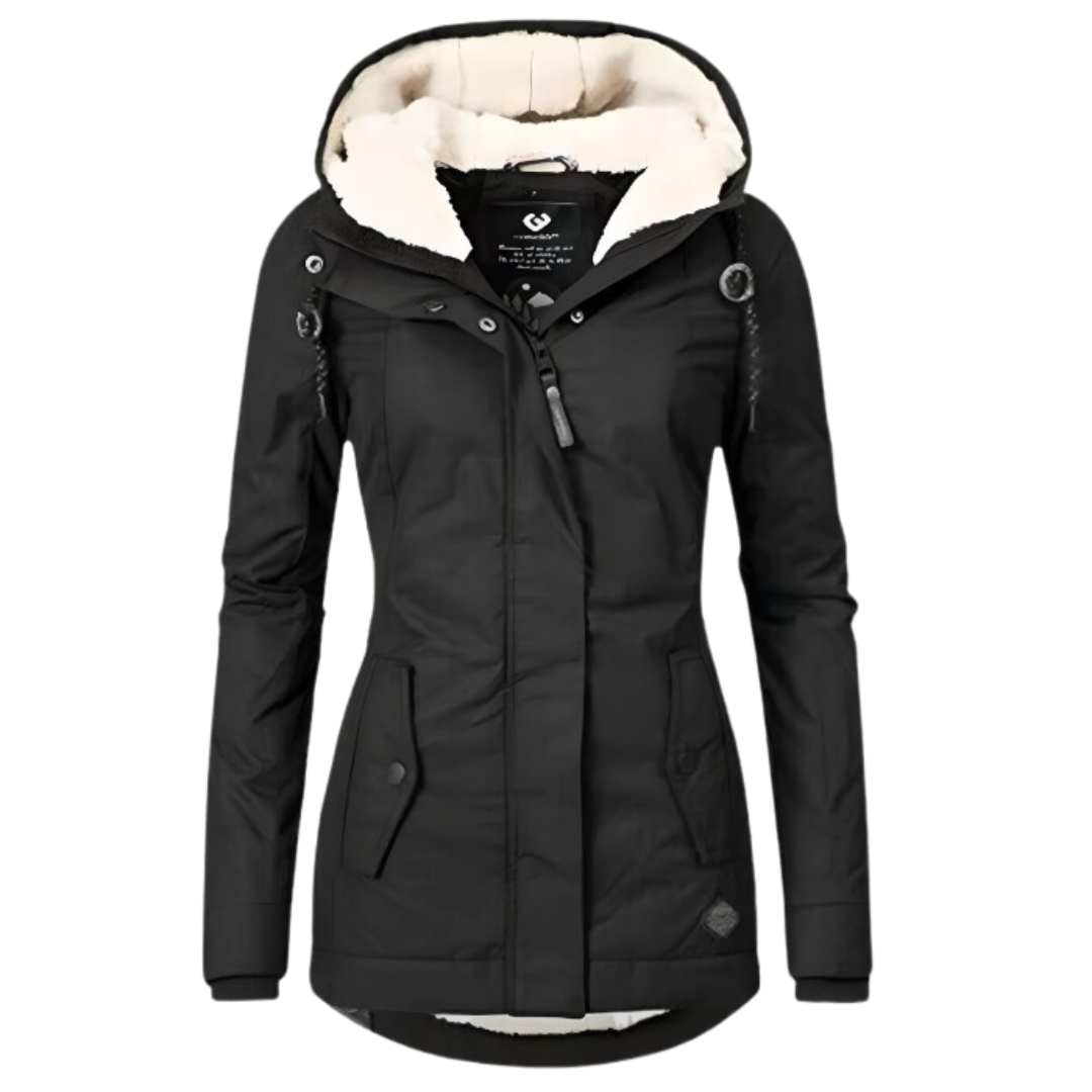 Black hooded parka showing its plush hood lining, covered front zip with storm flap, and flap-secured side pockets.