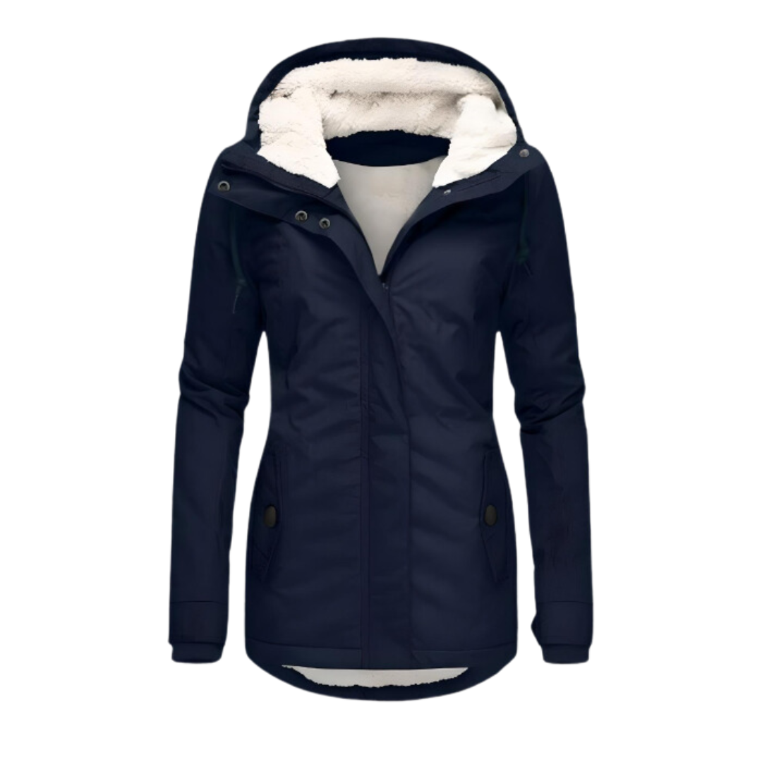 Navy hip-length parka with a plush-lined hood, adjustable drawcords, concealed front closure, and two side pockets.