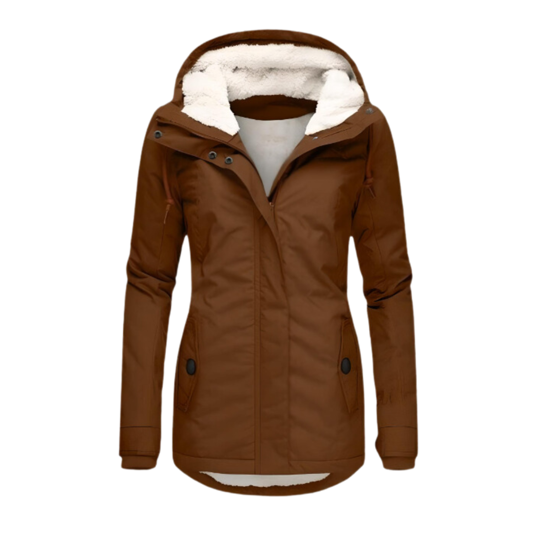 Brown hooded parka with contrasting light plush lining visible at the hood and hem, plus front zip fastening and side pockets.