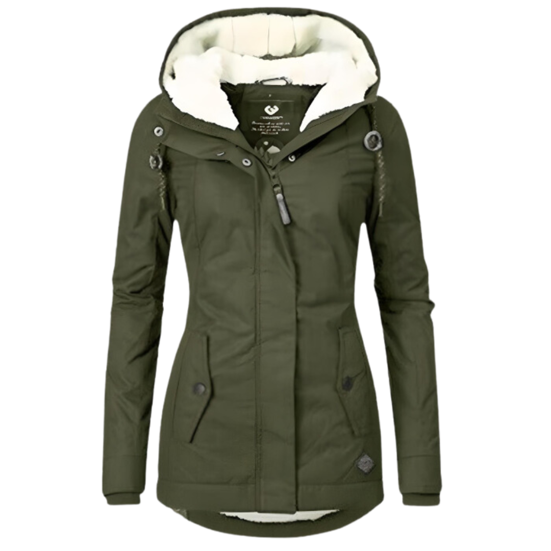 Olive green parka with a plush-lined hood, drawcord details, covered front zip, and angled side pockets with flap closures.
