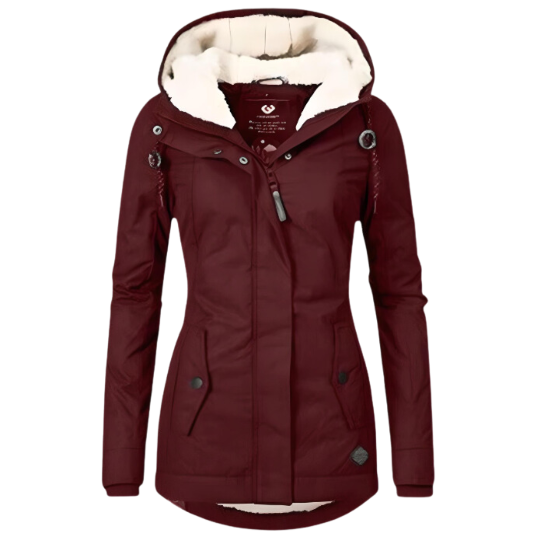 Burgundy hip-length hooded parka featuring a light plush-lined hood, front zip under a storm flap, and two side pockets.
