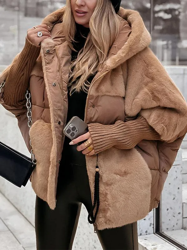 Front close-up of the camel hooded jacket with snap details, plush fur panels, quilted sections, and ribbed sleeves.