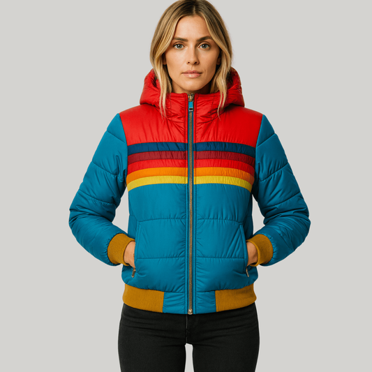 Front view of a bright teal hooded puffer jacket with a red upper panel, multicolor retro stripes, full-length zip, and side zip pockets.