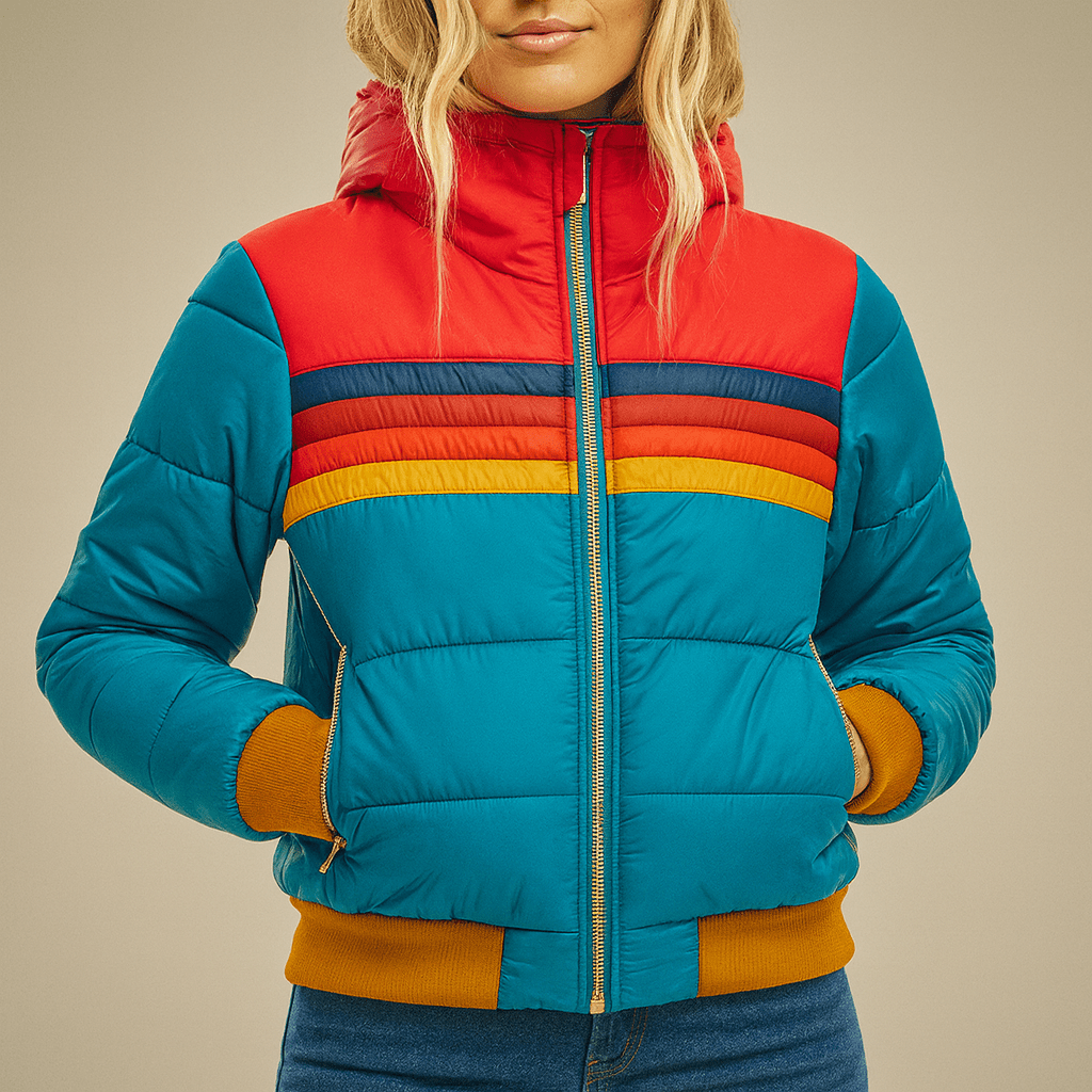 Close front view highlighting the jacket’s red hood and upper panel, layered navy, red, orange, and yellow chest stripes, and zippered pockets.