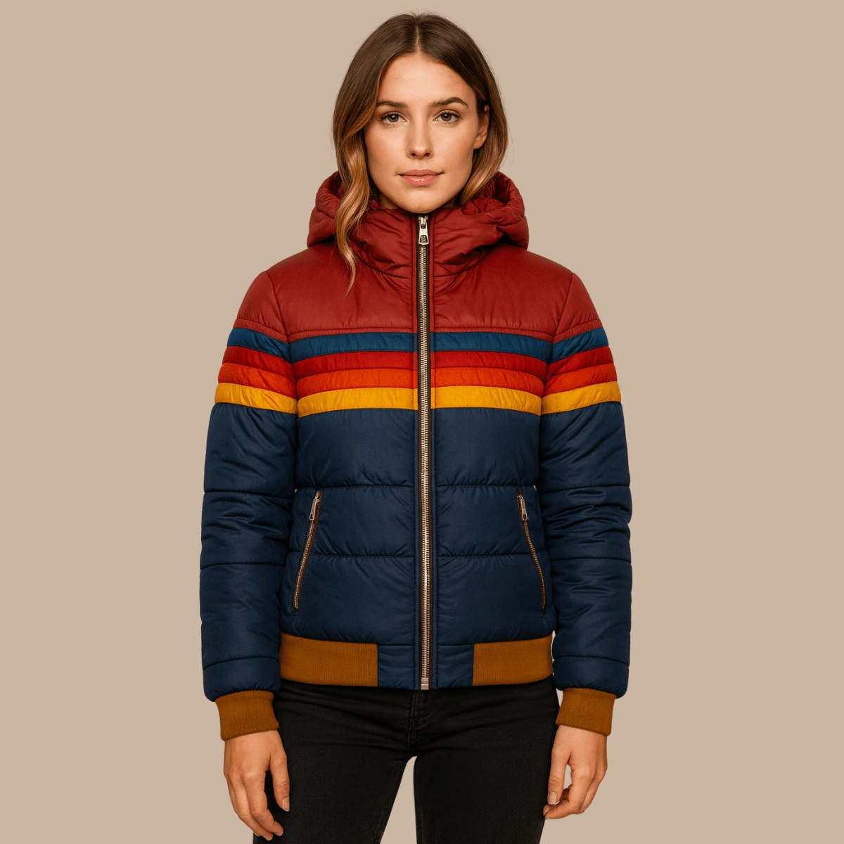 Full front view of the navy and burgundy hooded puffer jacket with colorful retro stripes across the chest and sleeves.