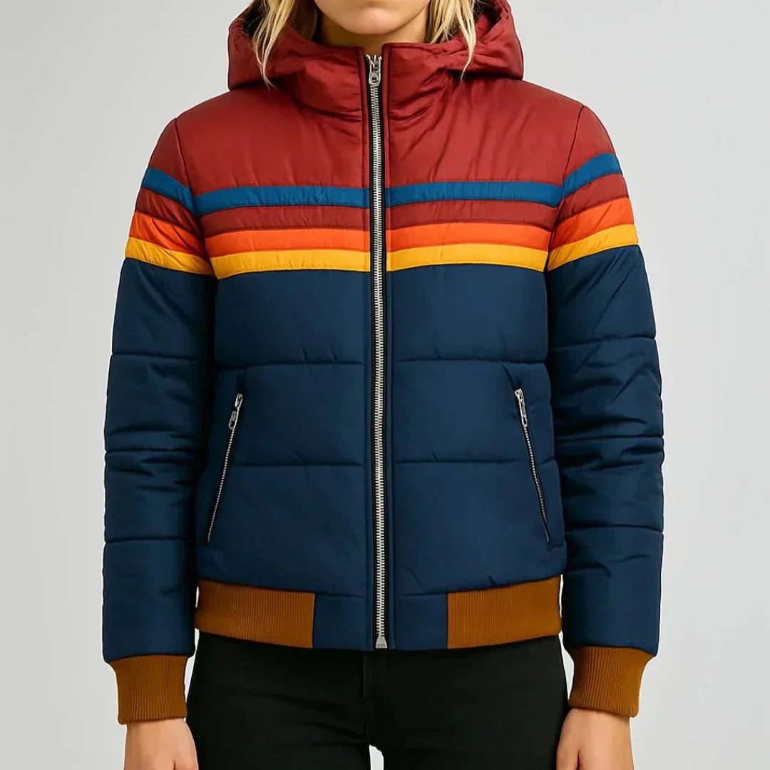 Cropped front view showing the padded jacket’s hood, contrasting horizontal stripes, central zip, zip pockets, and ribbed cuffs and hem.