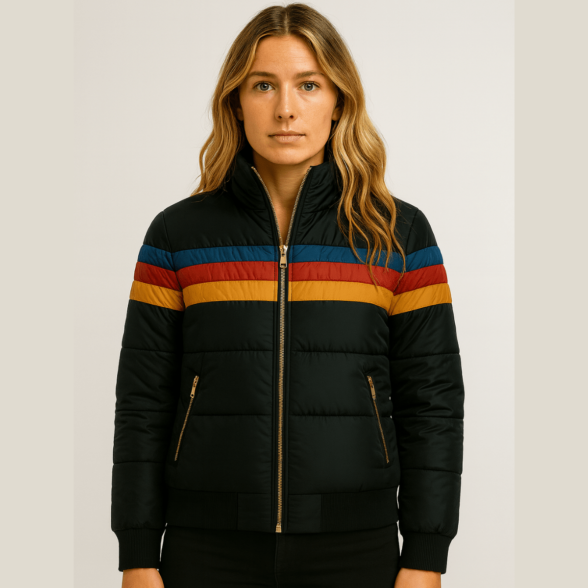 Front view of the black hooded puffer jacket with multicolor retro stripes, gold-tone full-length zip, and two angled side zip pockets.