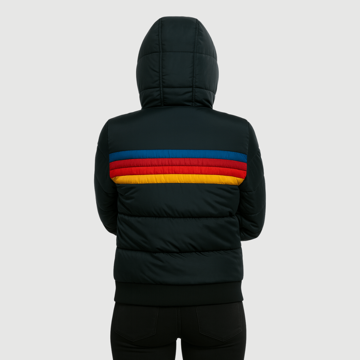 Back view of the black hooded puffer jacket showing the attached hood, horizontal retro stripes across the upper back, and padded construction.