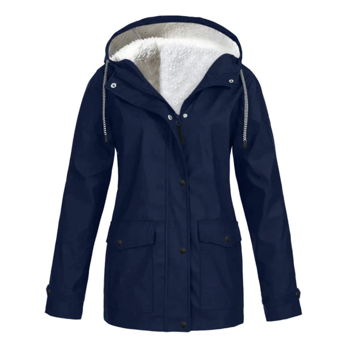 Navy blue mid-length hooded rain jacket with a cozy teddy-lined hood, front zipper and snap fastenings, and two flap pockets.