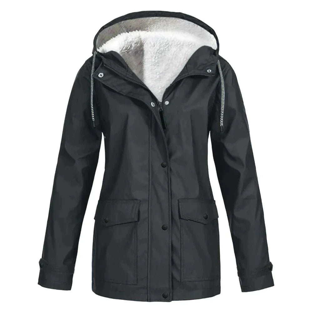 Black mid-length hooded rain jacket showing its plush teddy-lined hood, adjustable sleeve cuffs, secure front closure, and two flap pockets.