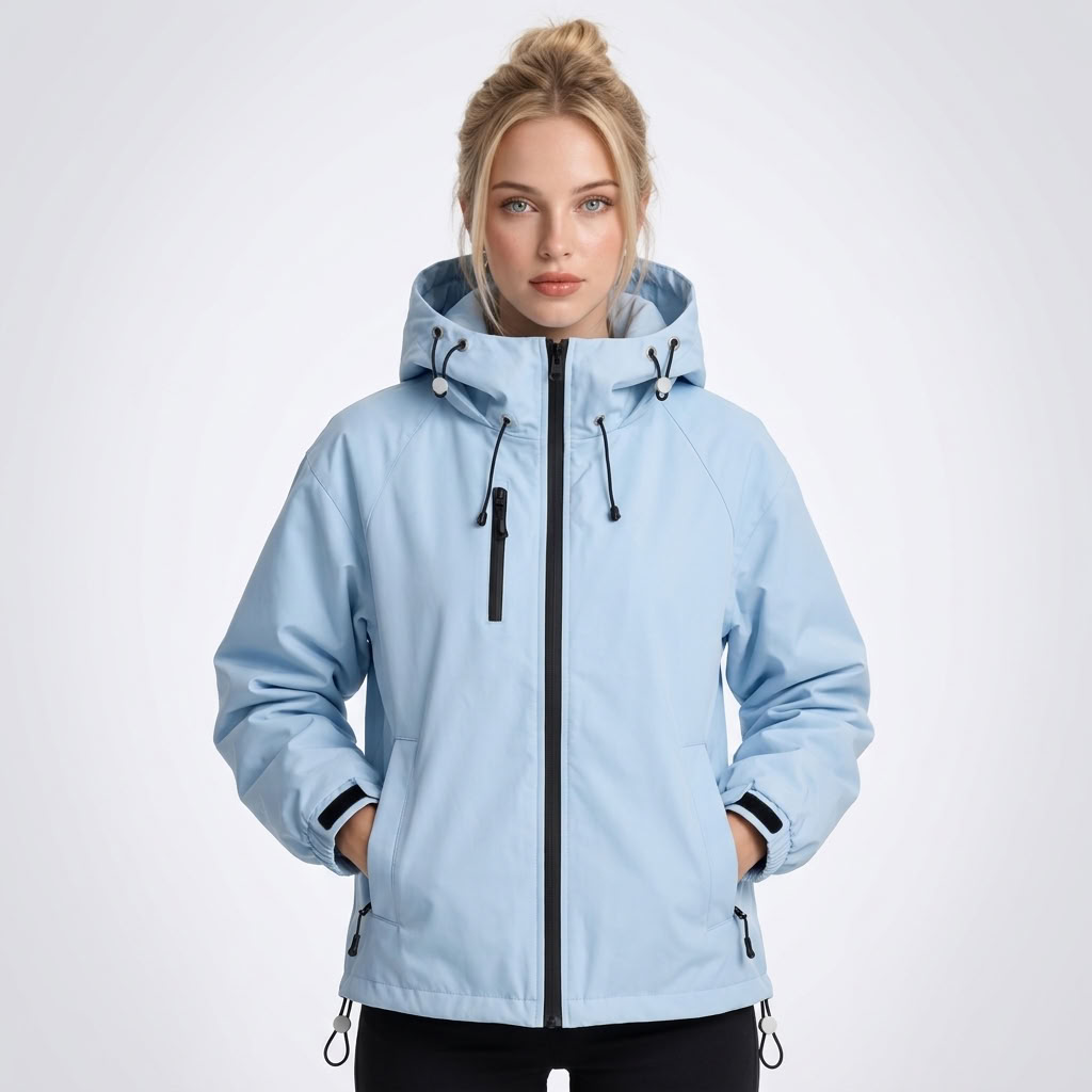 Front view of a light blue hooded ski jacket with full black zip, chest and side zip pockets, adjustable hood, and drawcord hem.