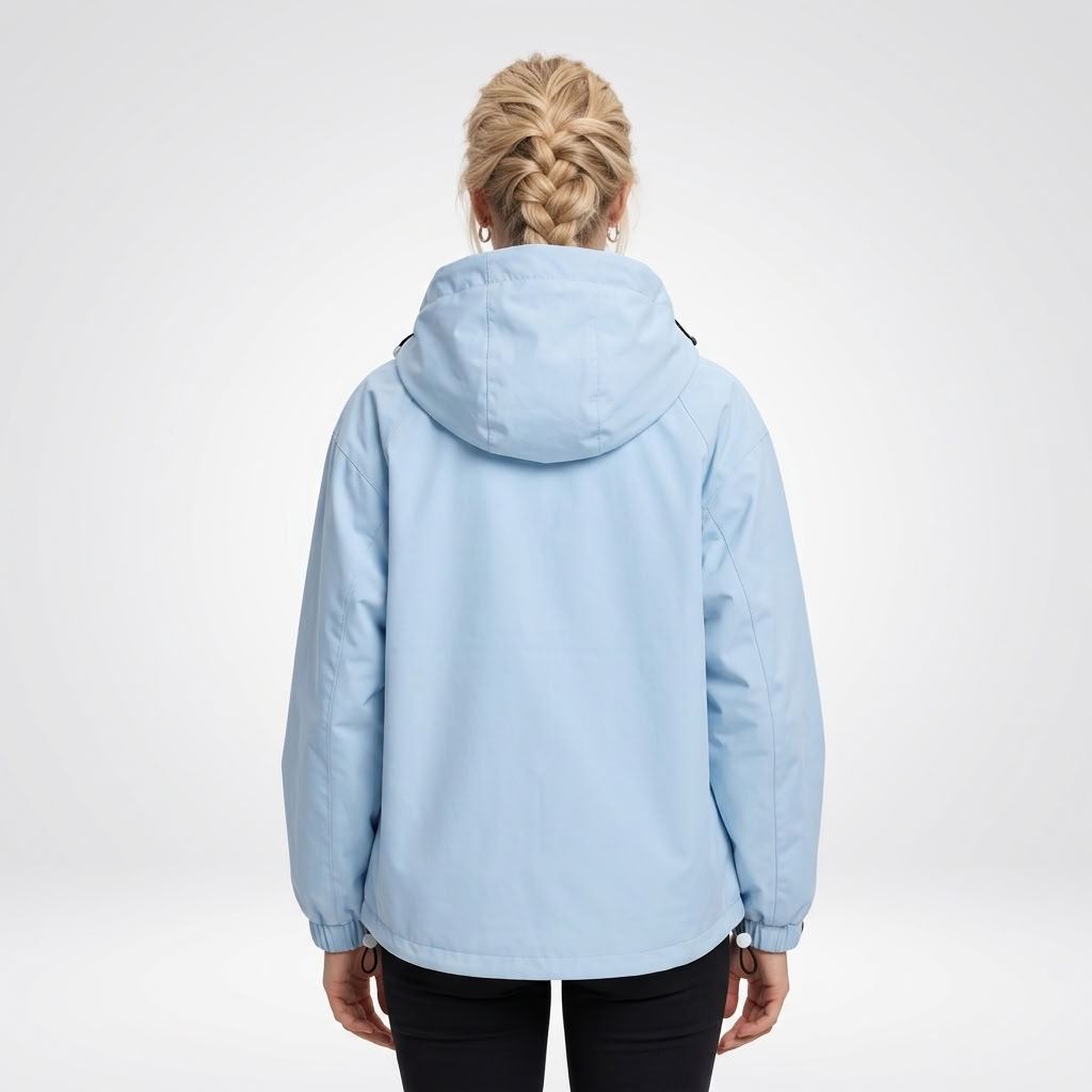 Back view showing the light blue jacket’s hood, long sleeves, and adjustable hem.