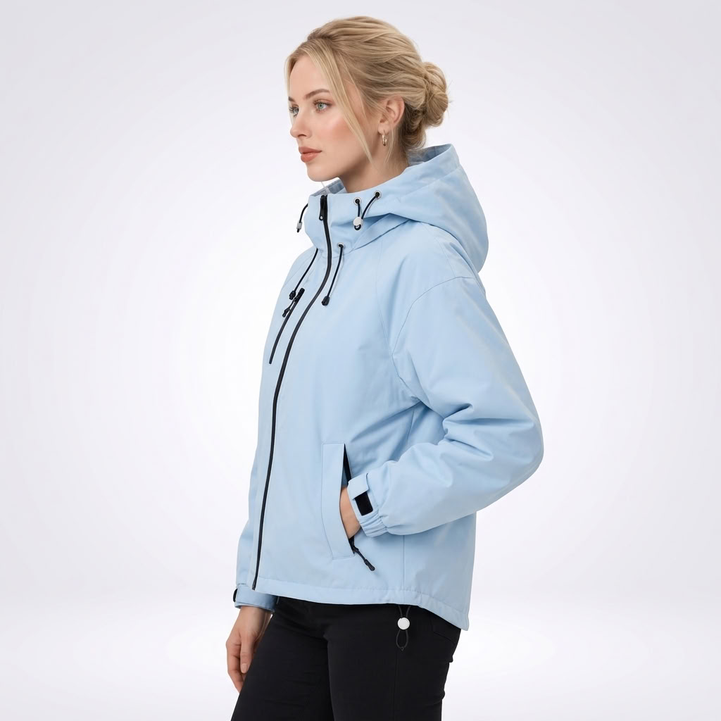 Side view of the light blue hooded jacket highlighting its profile, sleeve cuff, and zippered side pocket.