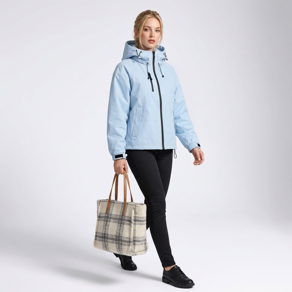 Full-length view of the light blue ski jacket styled with black trousers and boots.