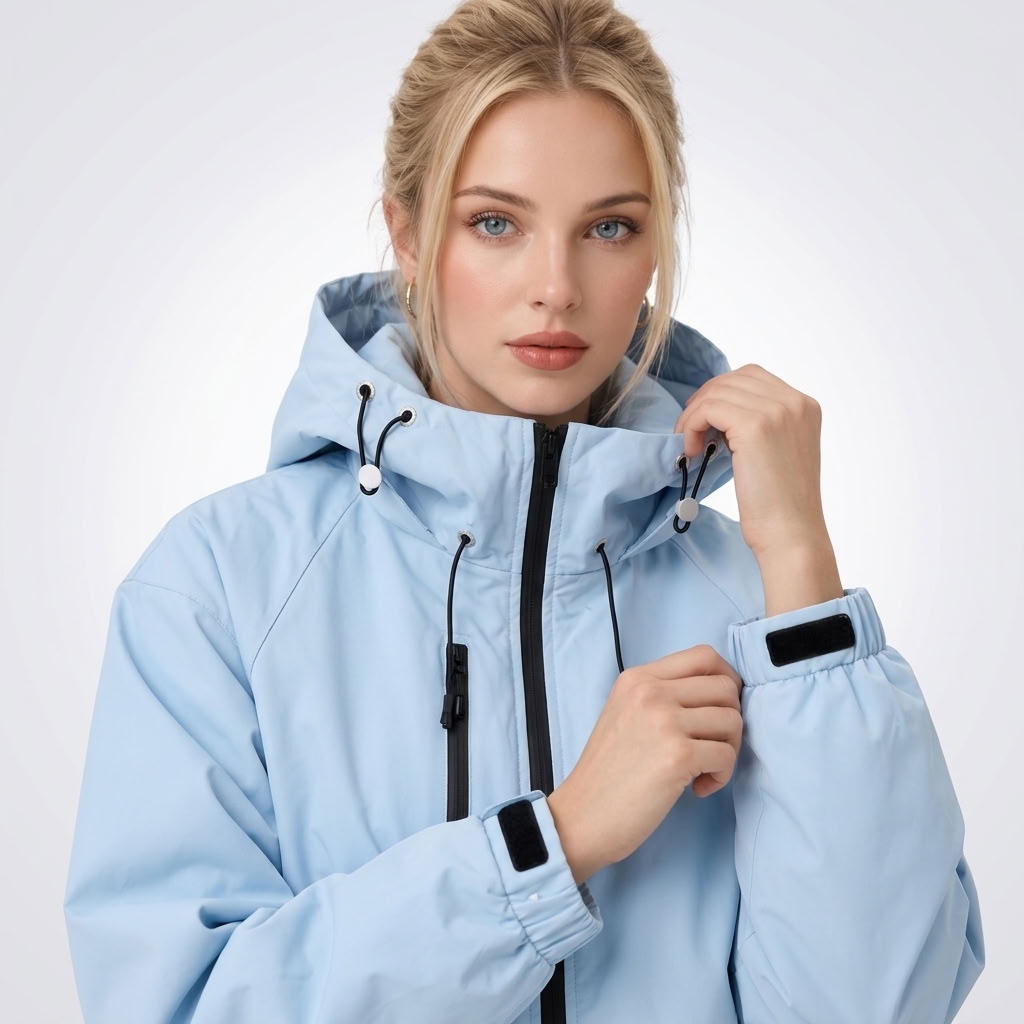 Close view of the light blue jacket’s adjustable hood, chest zip pocket, full front zip, and hook-and-loop cuffs.