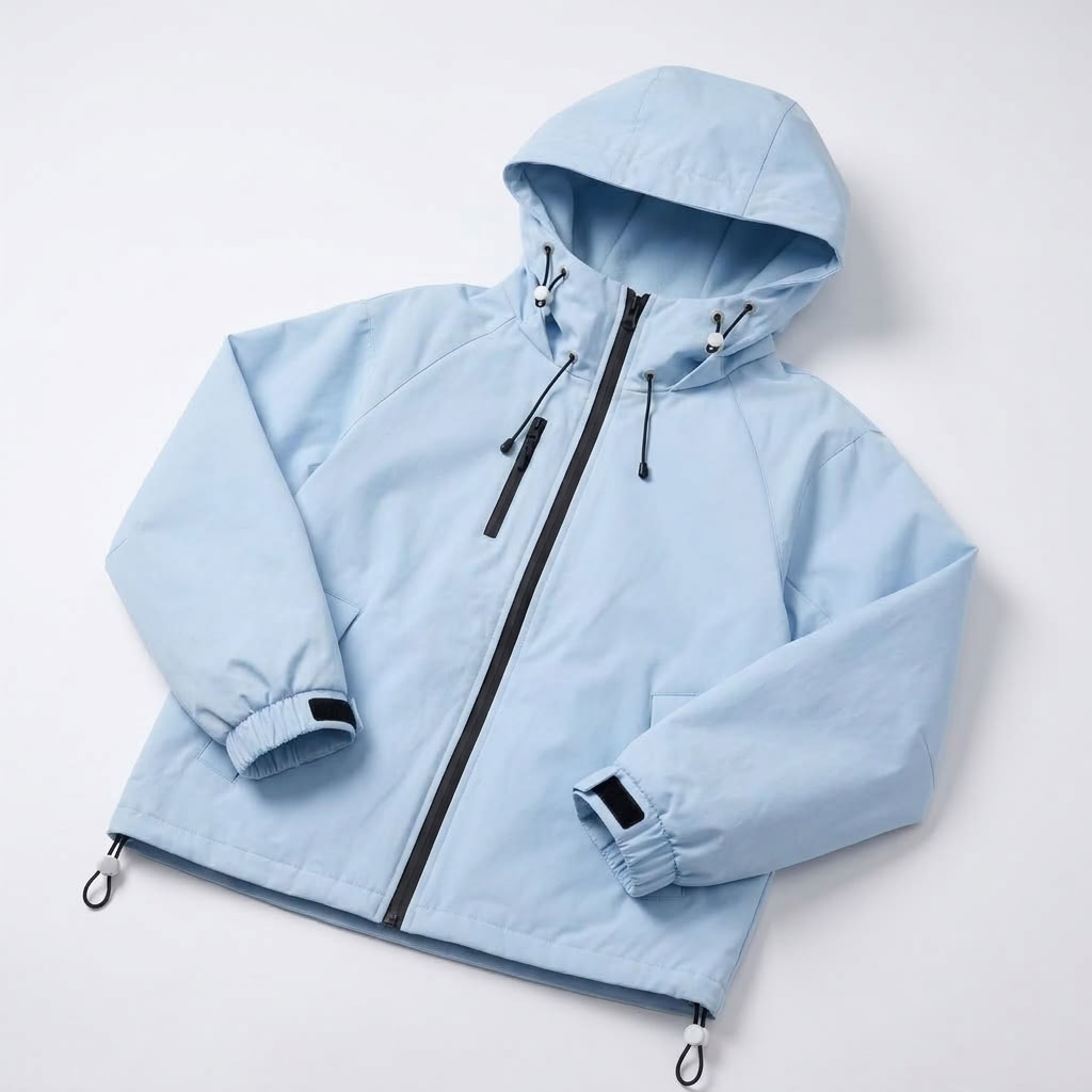 Flat lay of the light blue hooded jacket with front zipper, chest pocket, side pockets, adjustable cuffs, and hem drawcords.