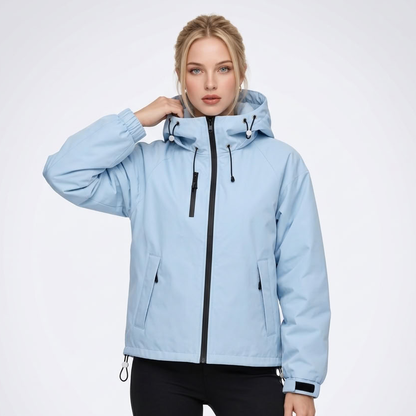 Front view of the light blue jacket with one hand adjusting the hood and both zipped side pockets visible.