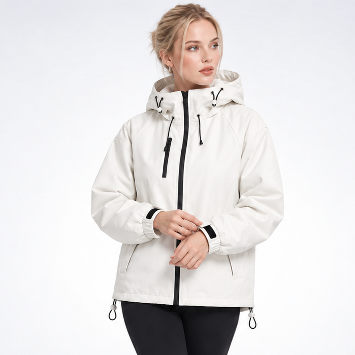 White colorway of the hooded jacket shown from the front with black zips, adjustable hood, and side pockets.