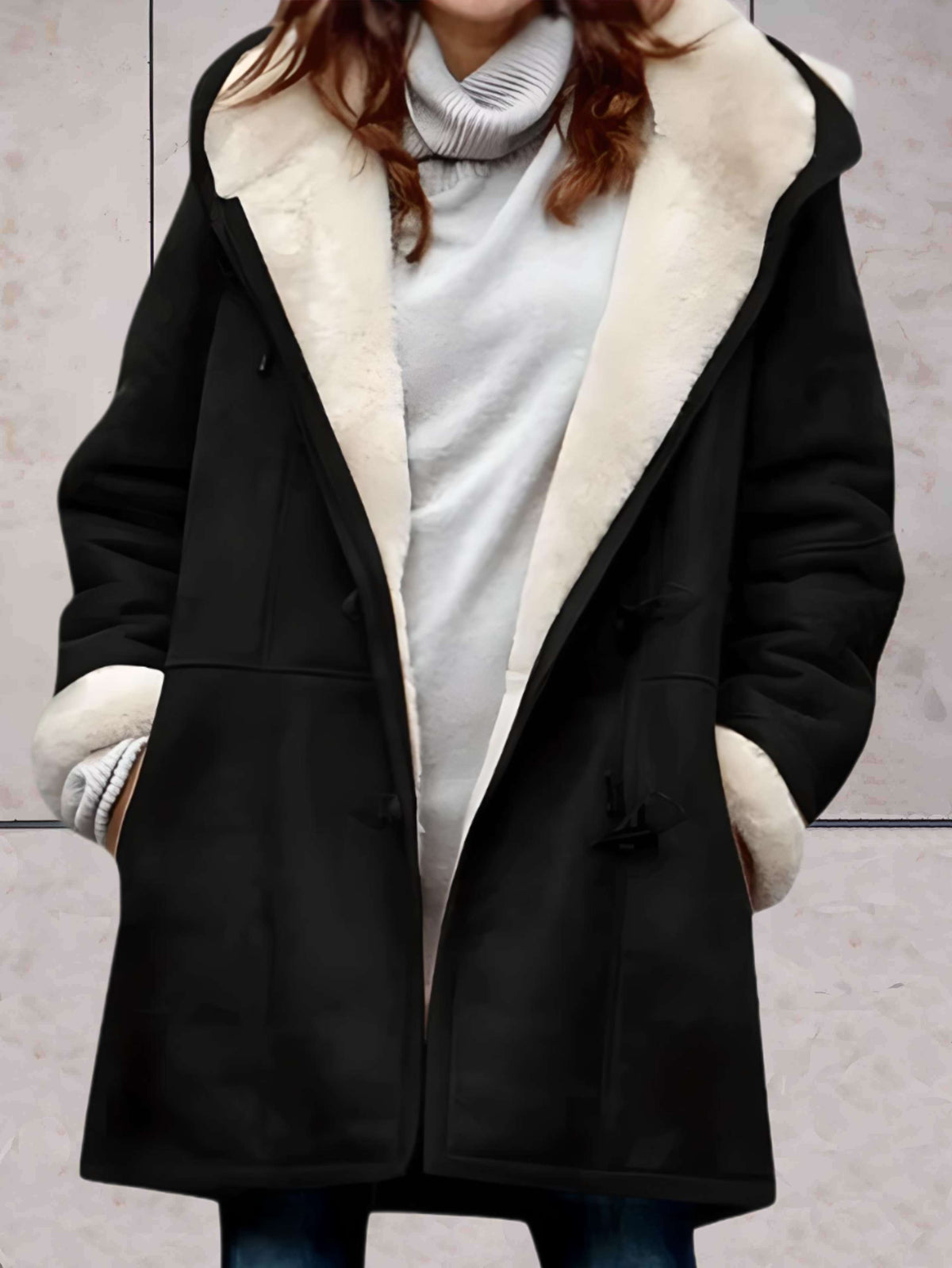 Maria | Hooded Toggle Duffle Coat with Contrast Borg Lining