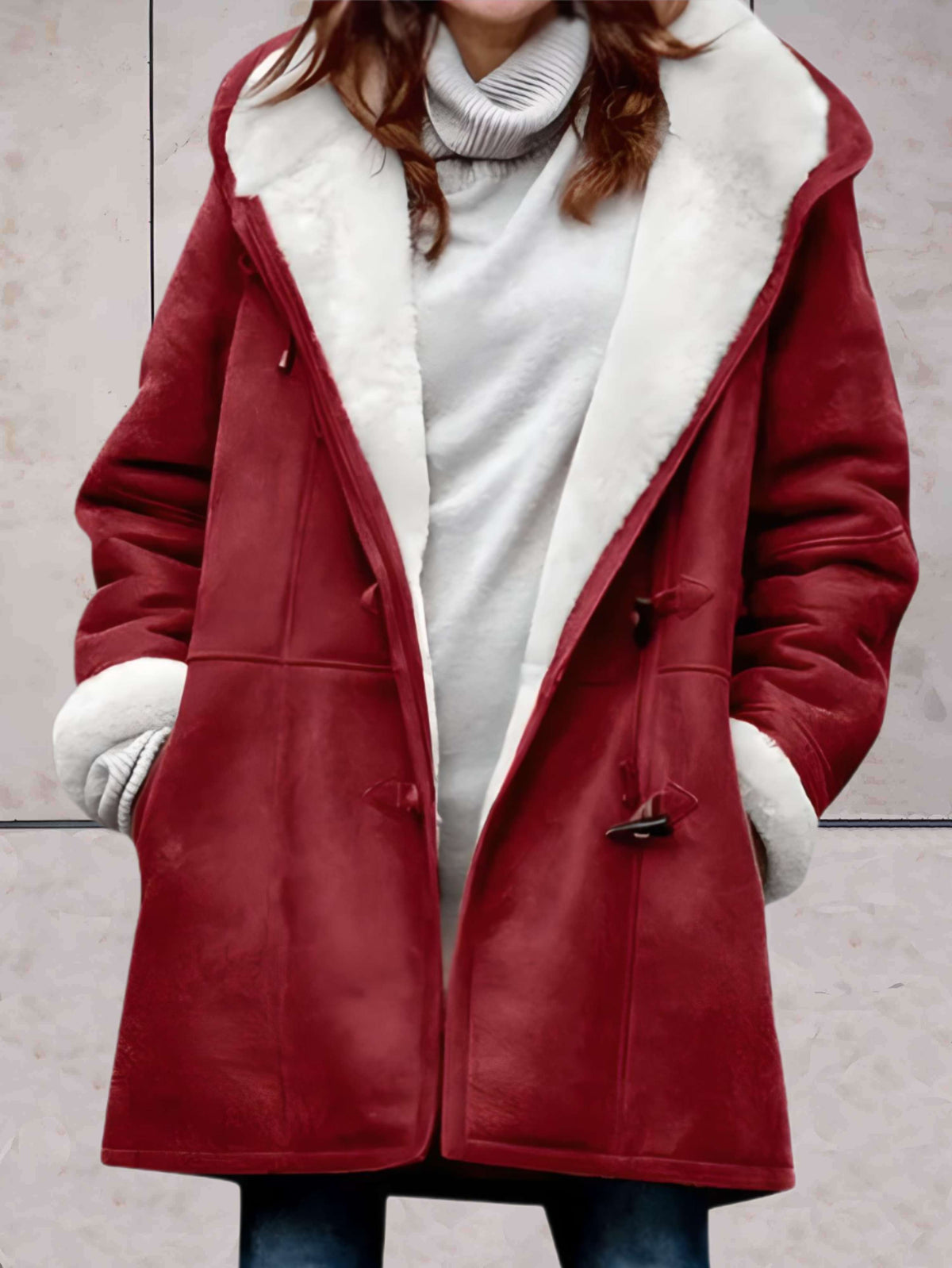 Maria | Hooded Toggle Duffle Coat with Contrast Borg Lining