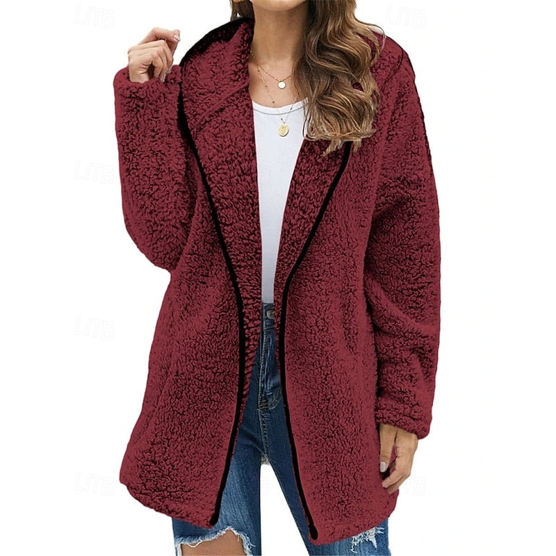Burgundy hooded teddy jacket with an open front, relaxed long silhouette, and dark trim.