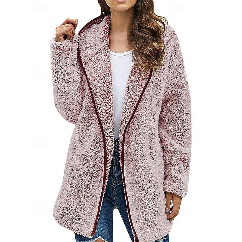 Blush pink teddy jacket showing its attached hood, open front, and contrasting burgundy trim.