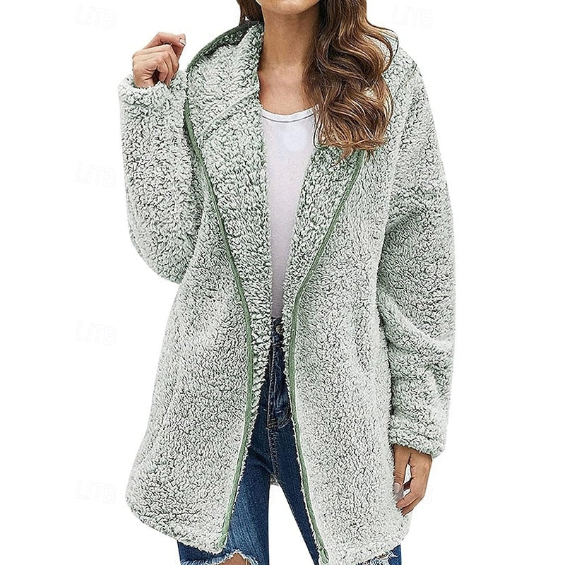 Pale green teddy jacket with an attached hood, open front, and matching green edge trim.