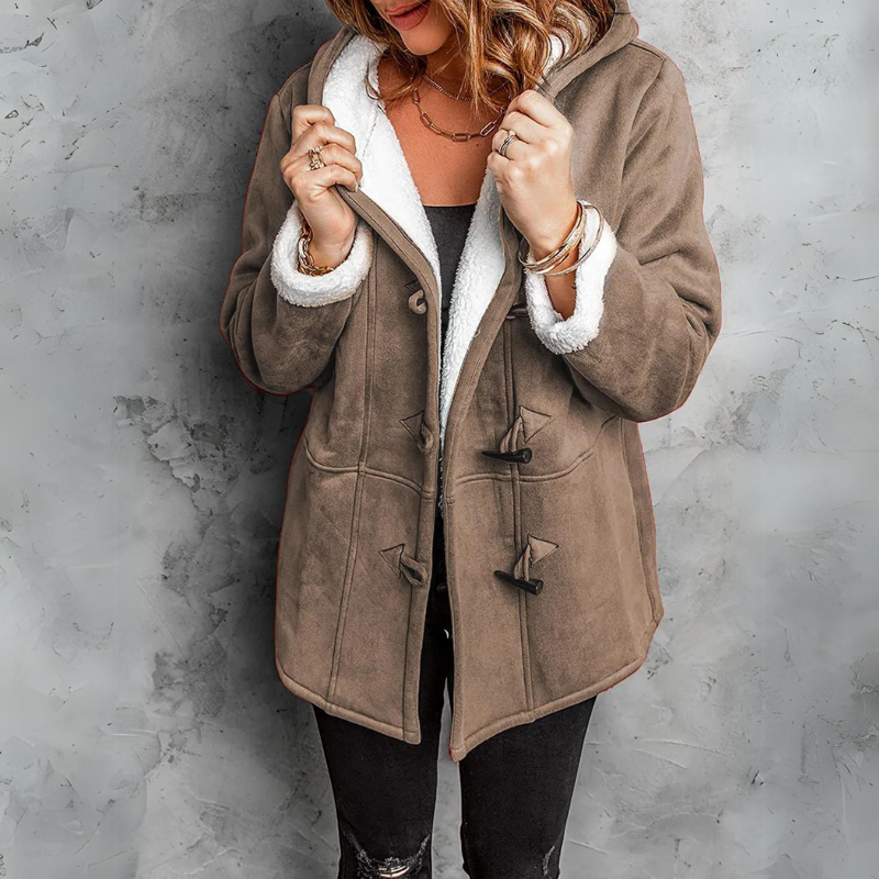 Taupe hooded toggle coat showing its soft white lining, four front toggles, and practical lower pockets.