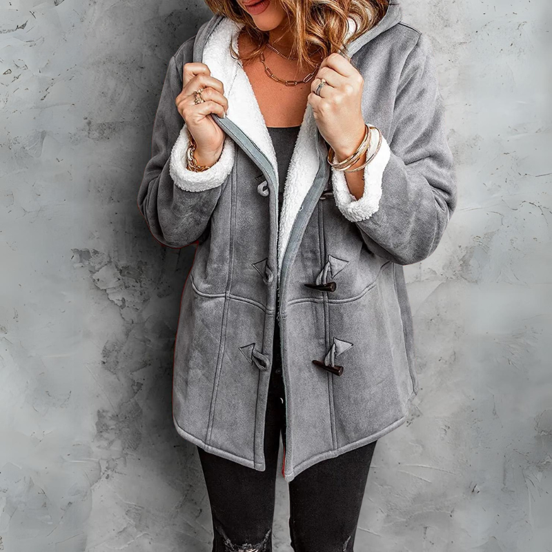 Gray hooded toggle coat with contrasting white lining, a relaxed fit, and front toggles arranged down the opening.