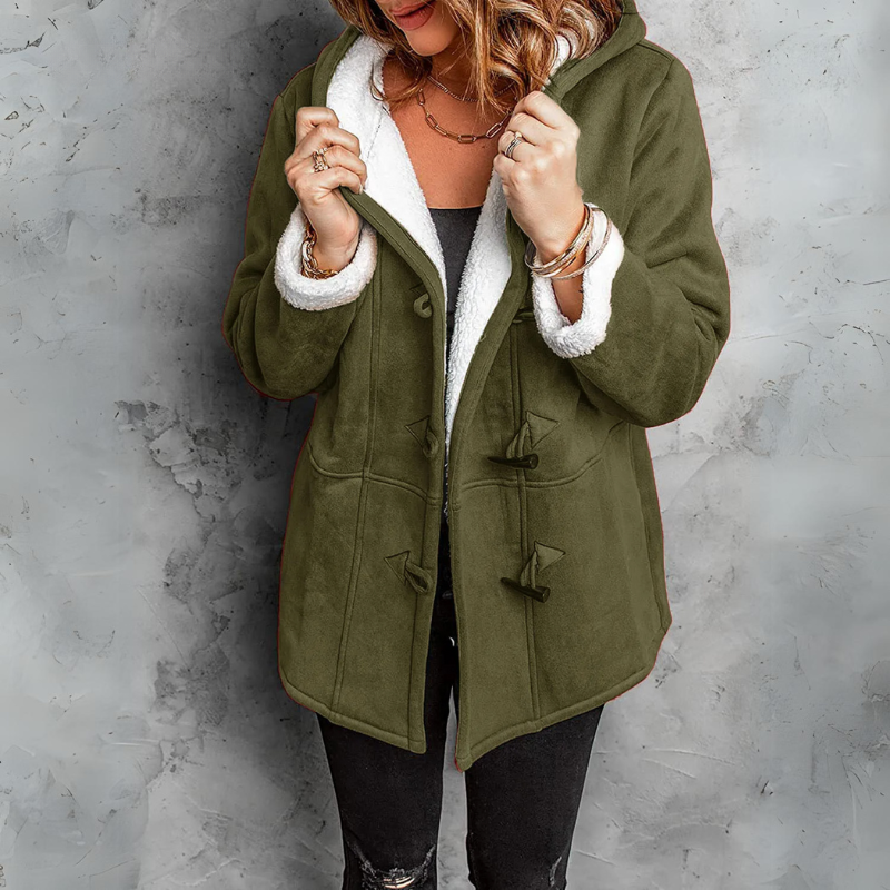 Olive green hooded coat with soft white-lined cuffs, toggle fastenings, and two spacious front pockets.