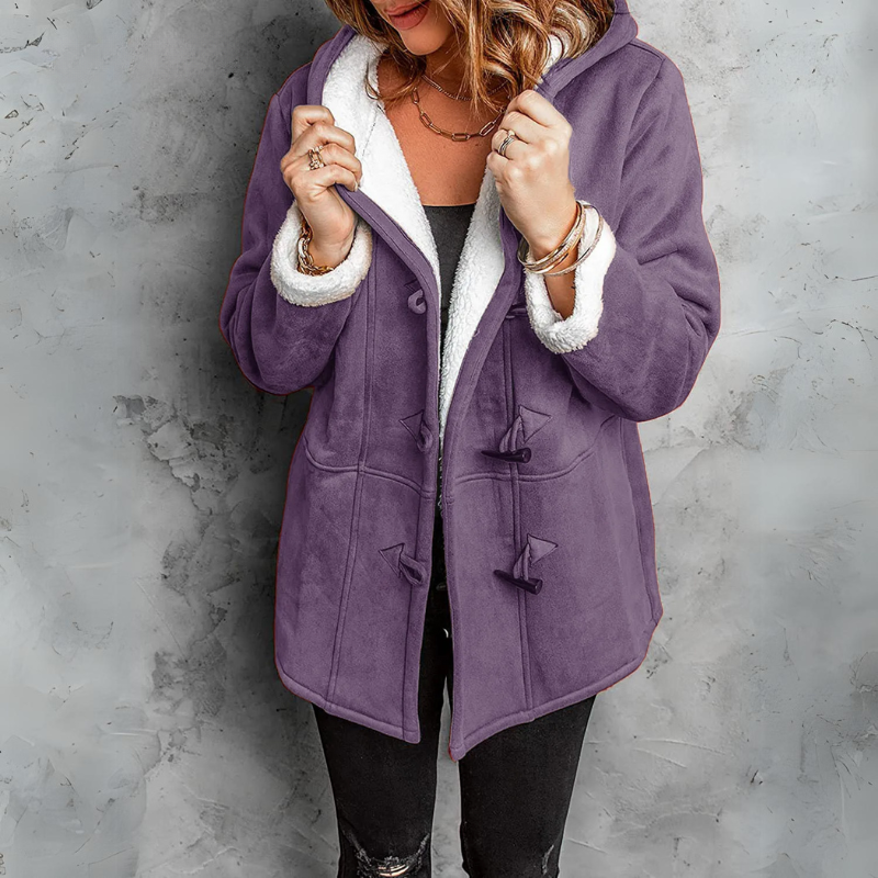 Purple hooded toggle coat displayed open, highlighting the white soft lining around the hood and sleeve cuffs.
