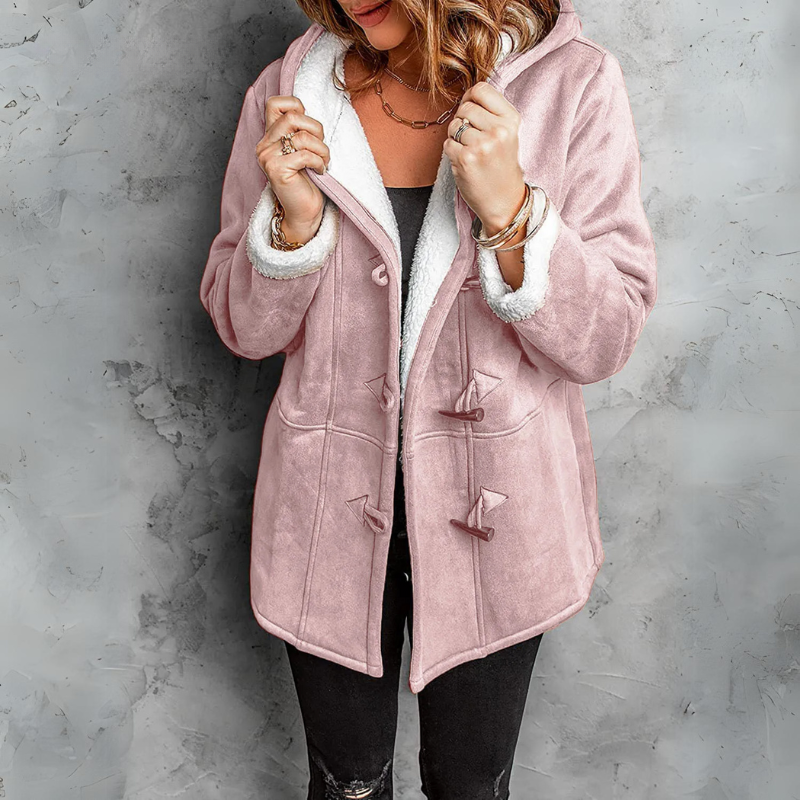 Pink hooded toggle coat with a soft white lining, front toggle closures, and a longer relaxed silhouette.