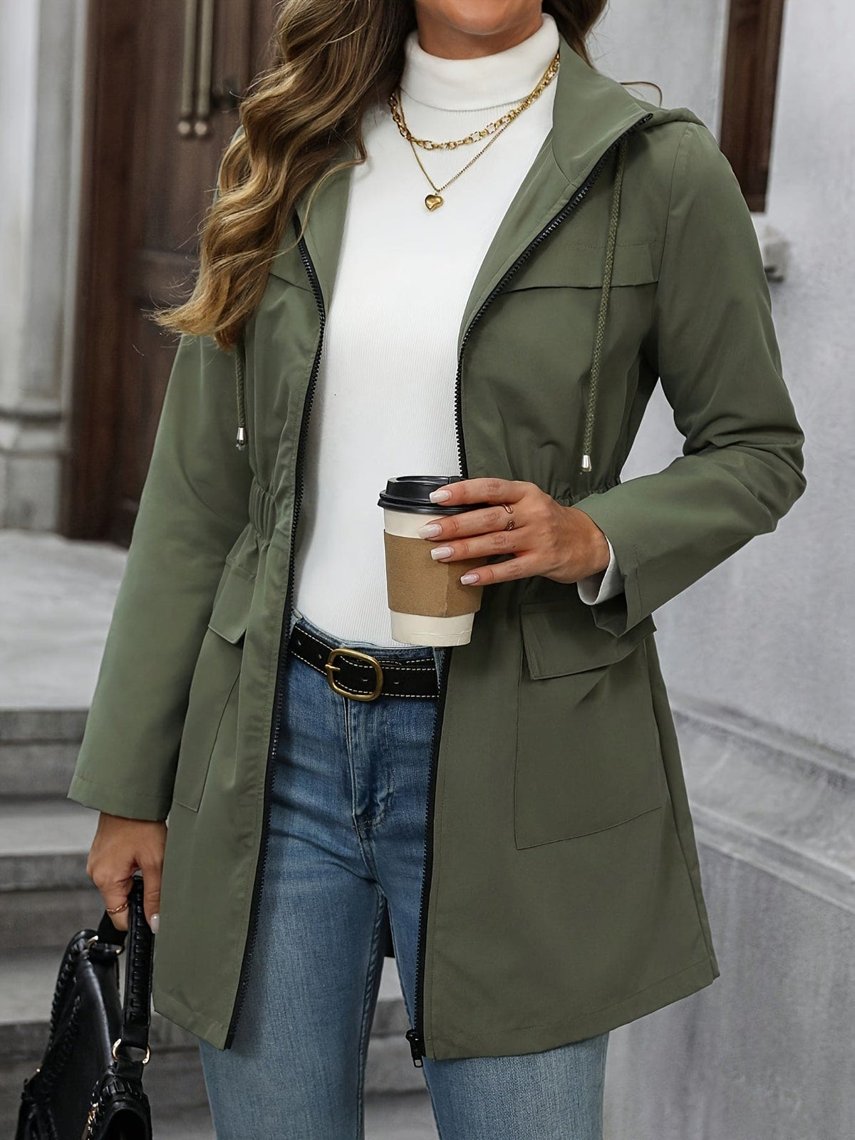 Donna | Hooded Longline Zip-Up Anorak Jacket with Drawstring Waist and Patch Pockets