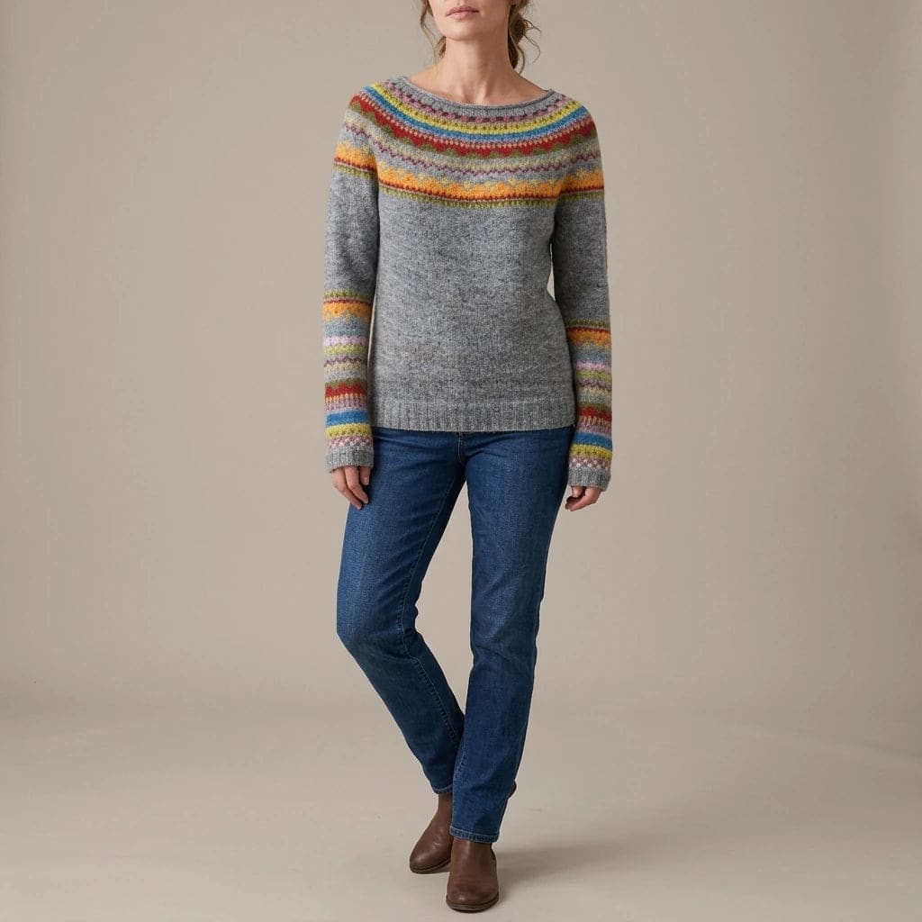 Woman wearing a long sleeve knit jumper with a patterned fair isle yoke and cuffs, boat neckline and ribbed hem, with straight jeans and ankle boots._0