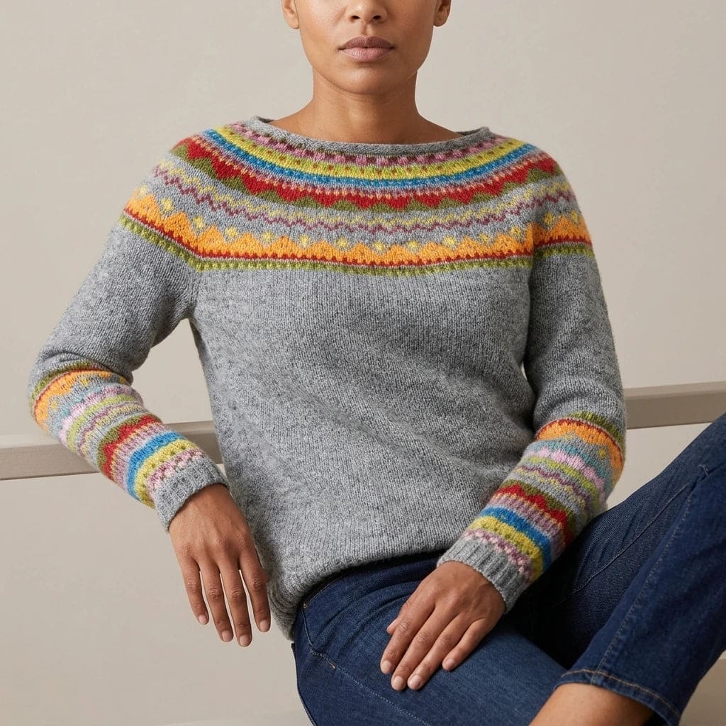Woman wearing a long sleeve knit jumper with a patterned fair isle yoke and cuffs, boat neckline and ribbed hem, with straight jeans and ankle boots._1