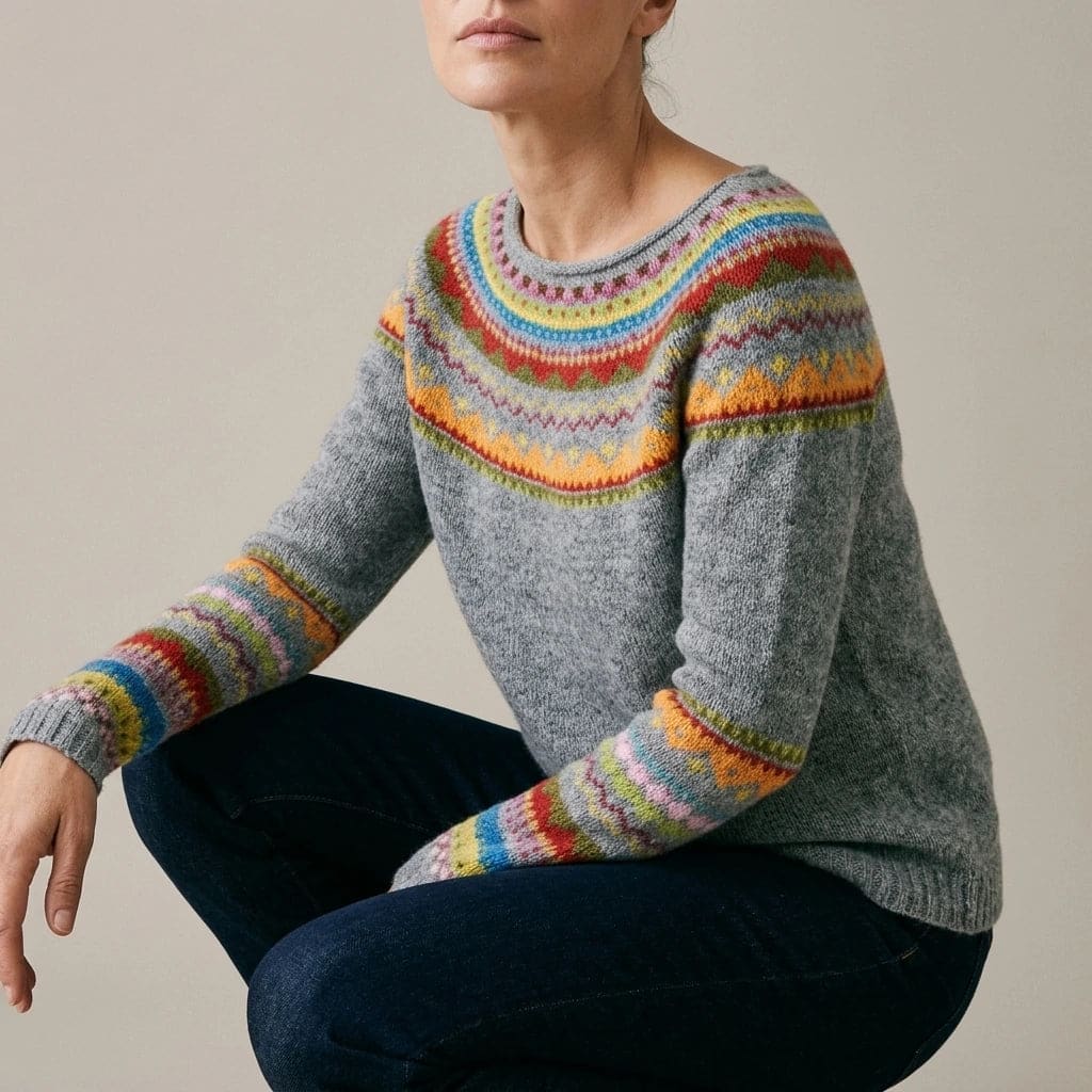 Woman wearing a long sleeve knit jumper with a patterned fair isle yoke and cuffs, boat neckline and ribbed hem, with straight jeans and ankle boots._2