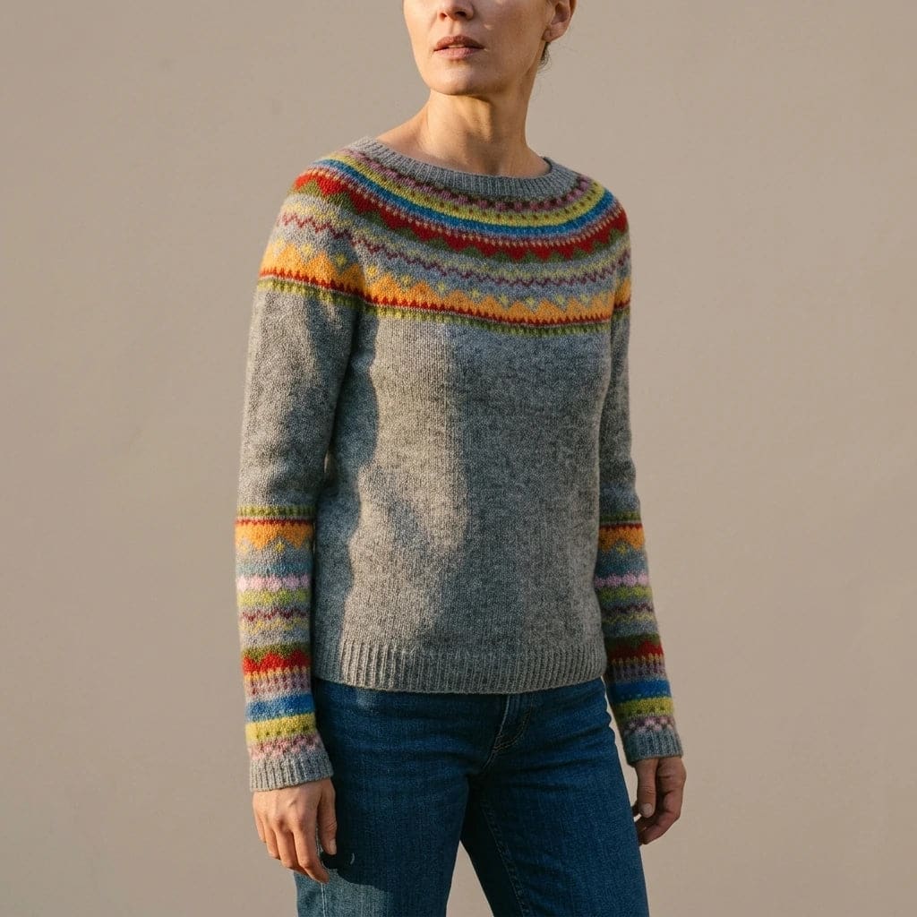 Woman wearing a long sleeve knit jumper with a patterned fair isle yoke and cuffs, boat neckline and ribbed hem, with straight jeans and ankle boots._5