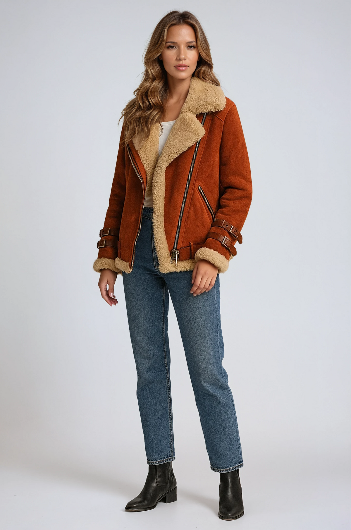 Rust-colored jacket with a plush collar, asymmetric zip front, and multiple buckle details at the cuffs, worn with blue jeans and black ankle boots.