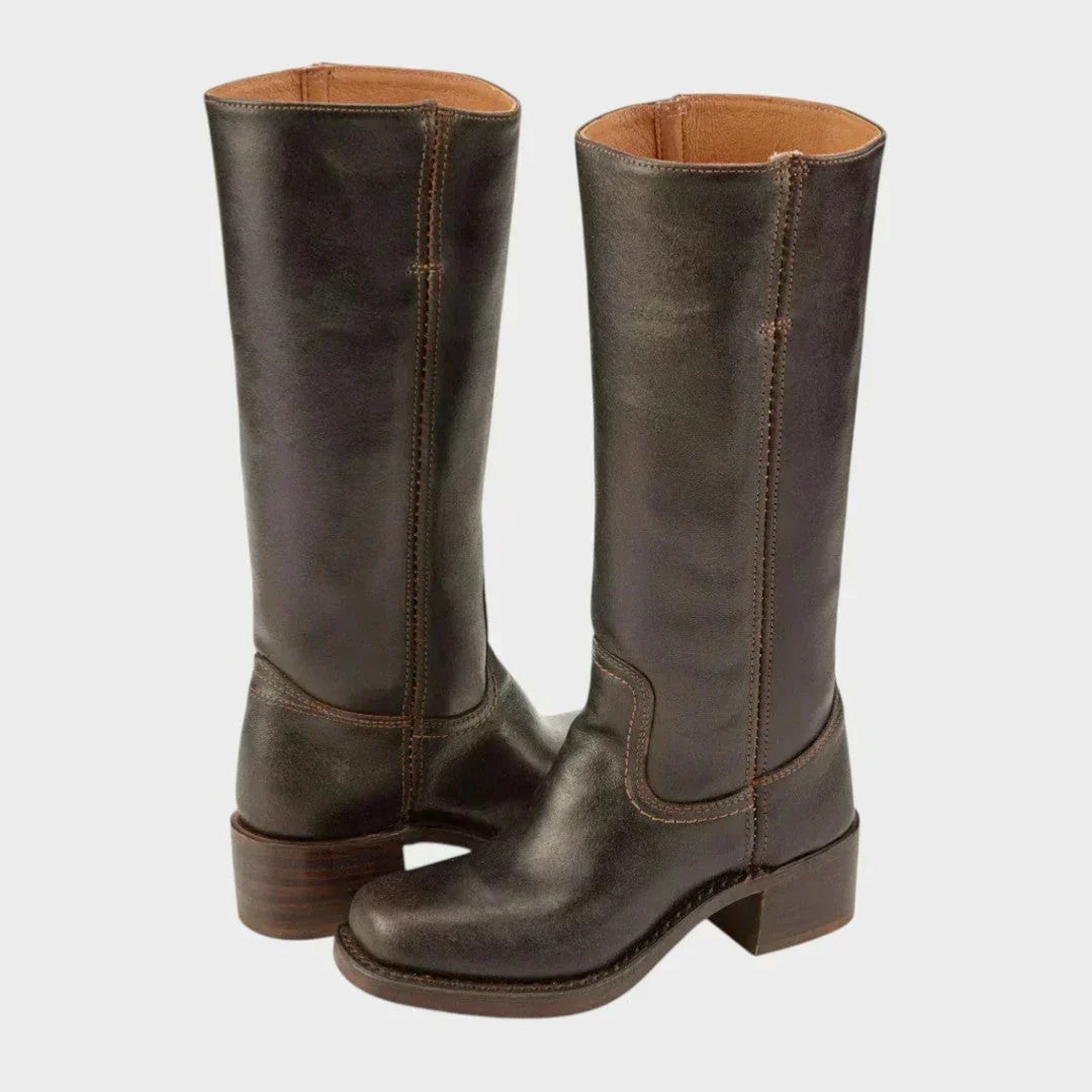 Dark brown knee-high boots with contrasting stitching, rounded toes, and stacked block heels displayed from the front and side.