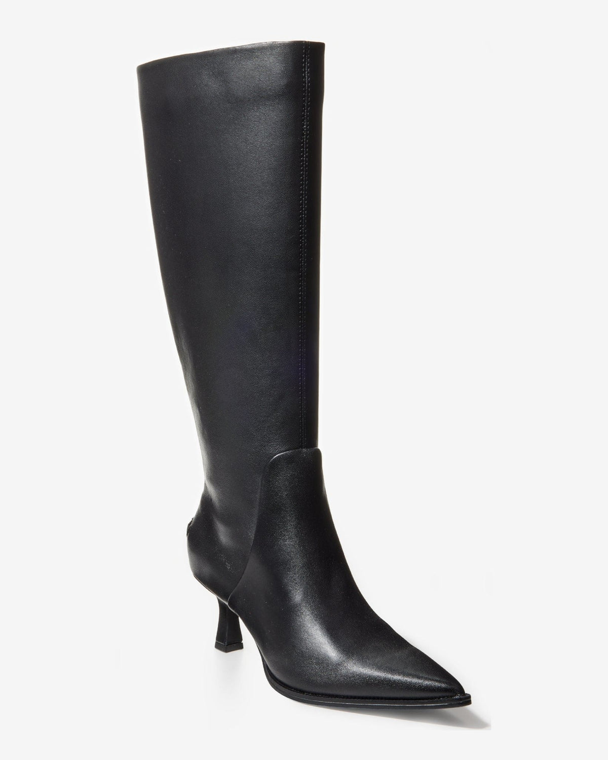 Black knee-high boot with pointed toe and kitten heel, featuring smooth finish and inside zipper closure._0