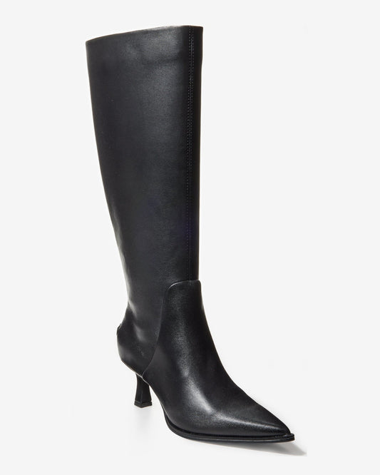 Black knee-high boot with pointed toe and kitten heel, featuring smooth finish and inside zipper closure._0